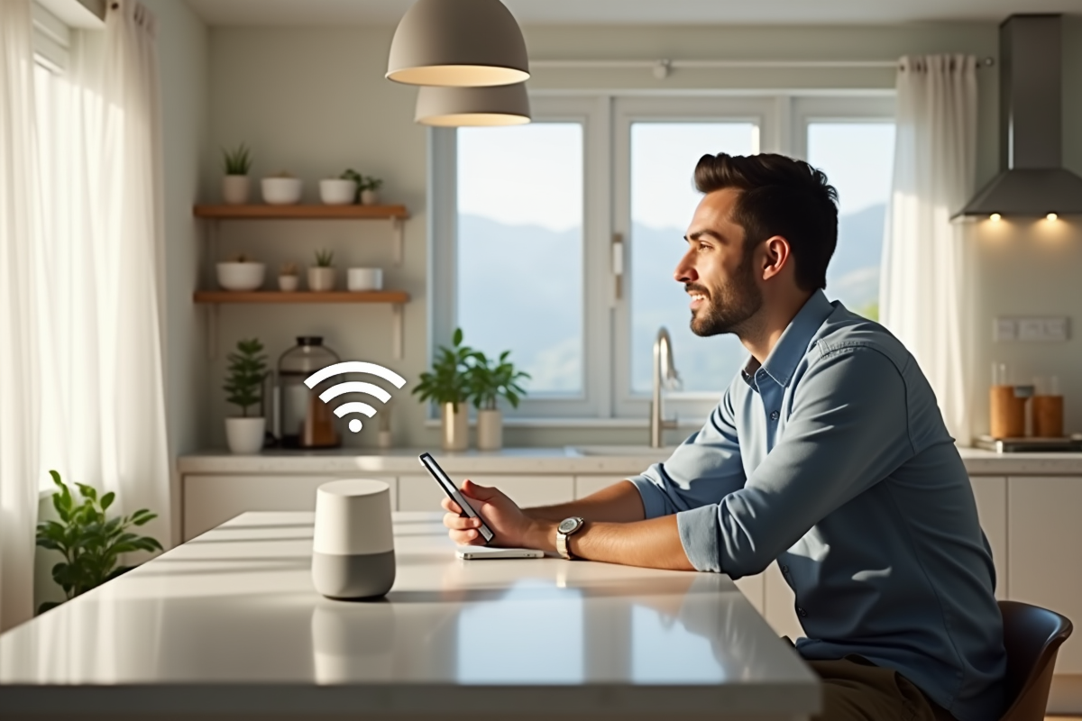 Personne controlant appareils connectes avec assistant vocal