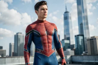 Cosplayer en costume Spider-Man sur un toit urbain avec skyline floutée en arrière-plan, illustrant la nouvelle génération de super-héros Marvel