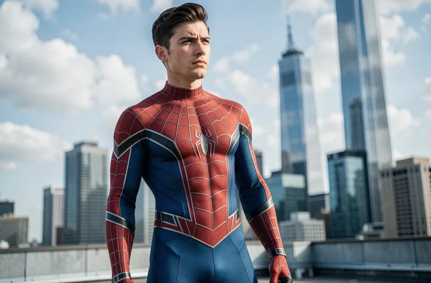 Cosplayer en costume Spider-Man sur un toit urbain avec skyline floutée en arrière-plan, illustrant la nouvelle génération de super-héros Marvel