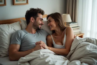 Couple détendu dans un lit avec duvet en lin et ambiance chaleureuse