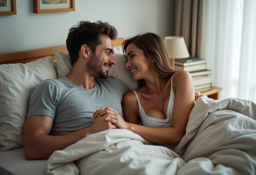 Couple détendu dans un lit avec duvet en lin et ambiance chaleureuse