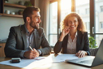 Couple souriant avec documents immobilier et ordinateur