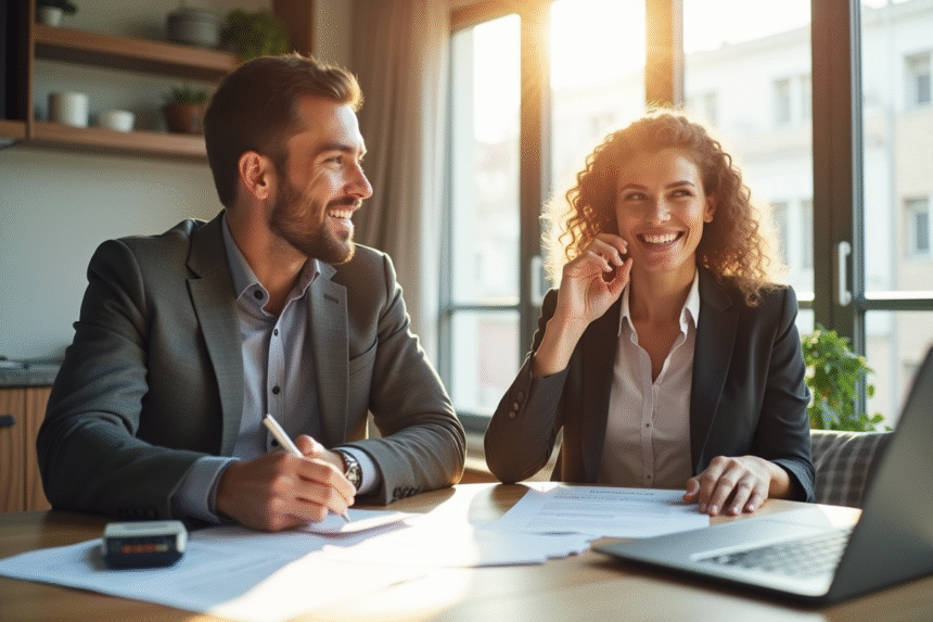 Couple souriant avec documents immobilier et ordinateur