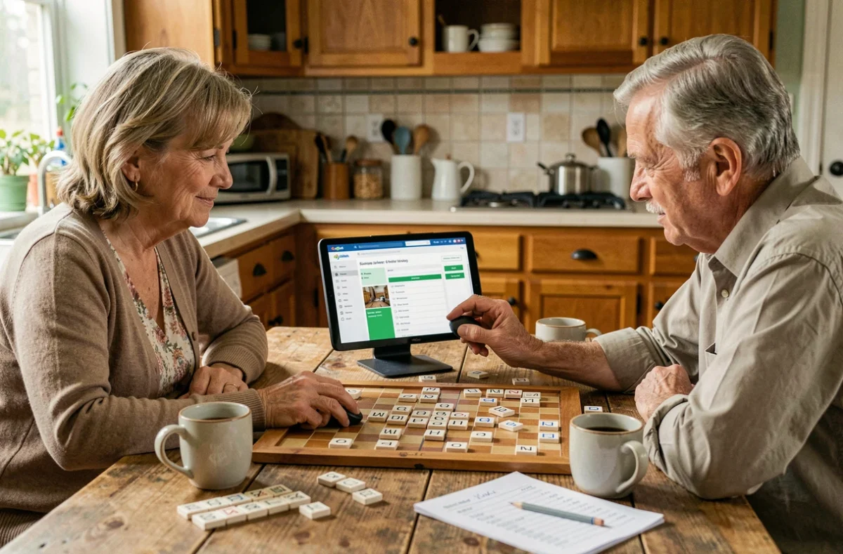 Couple de joueurs consultant un site de recherche de mots Scrabble sur tablette pendant une partie