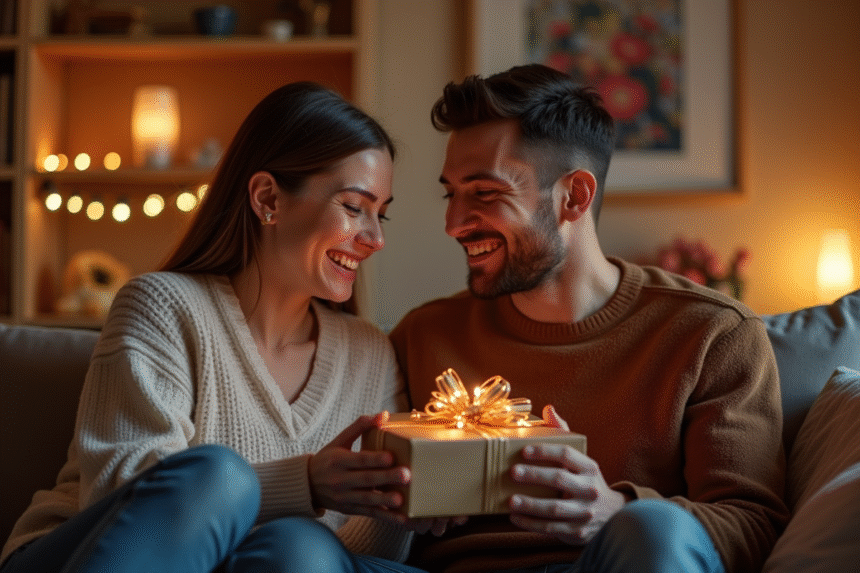 Couple marié échangeant un cadeau dans un salon chaleureux