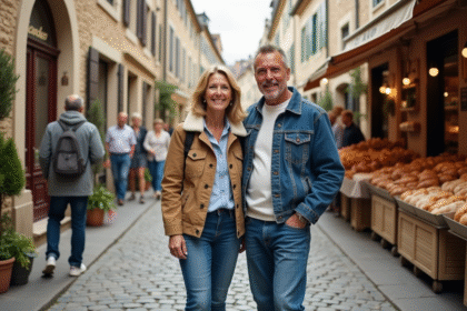 Couple souriant dans un marché provençal authentique