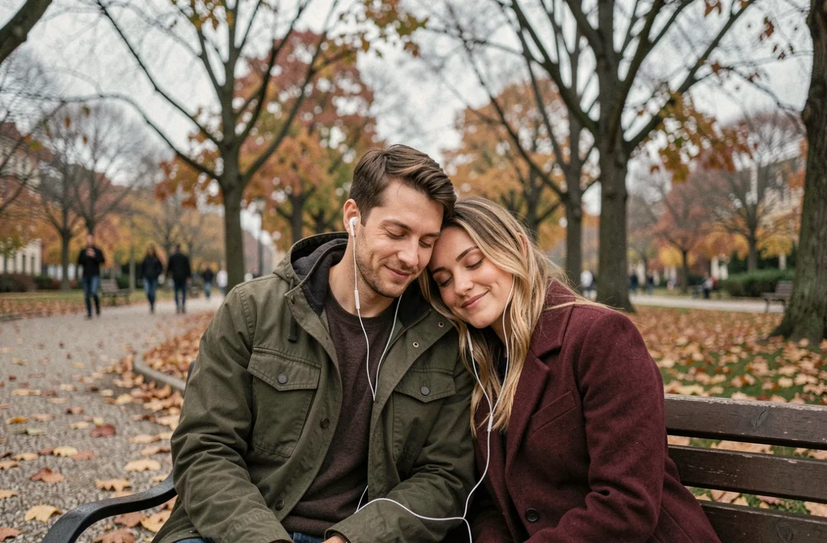 Couple partageant des écouteurs sur un banc de parc en automne, moment romantique musical en plein air
