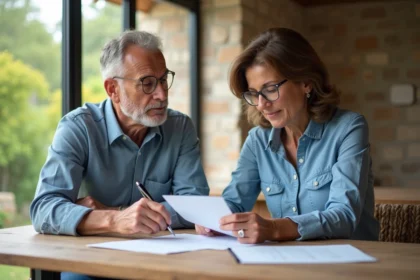 Couple d'adultes regardant des papiers dans une maison moderne