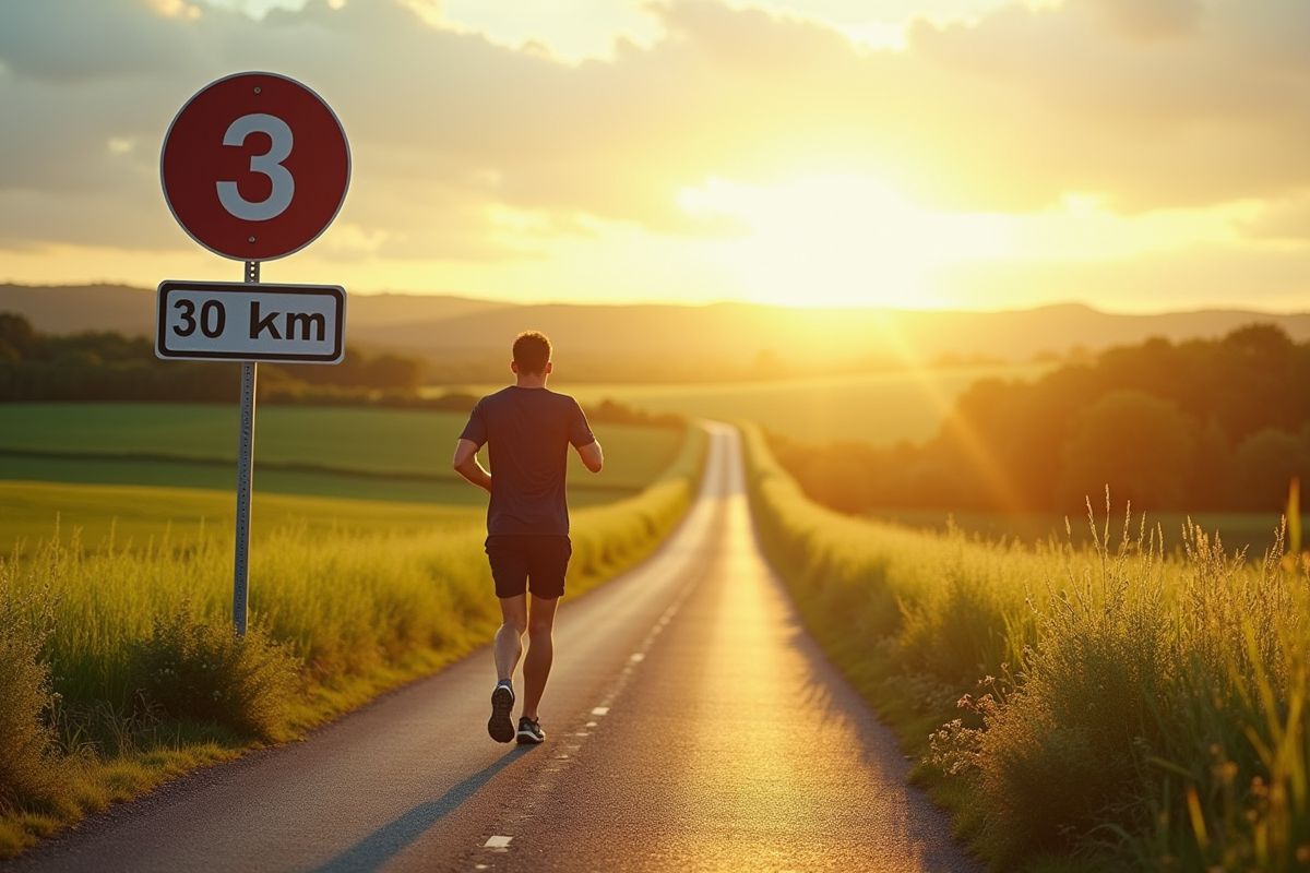 Coureur sur chemin en campagne avec panneau indiquant 3 miles et conversion en km
