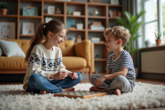 Deux cousins jouent à un jeu de société dans un salon chaleureux