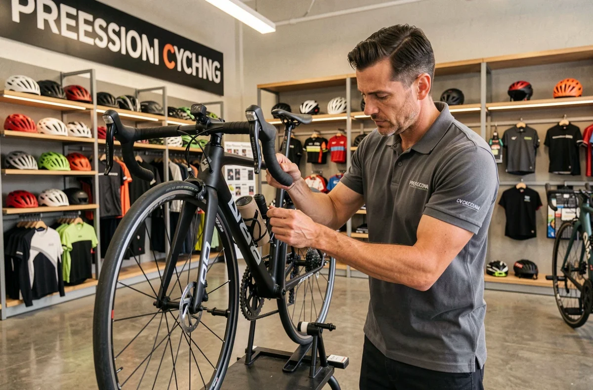 Mécanicien de Culture Vélo Orléans réglant un dérailleur sur un vélo de route dans une boutique moderne