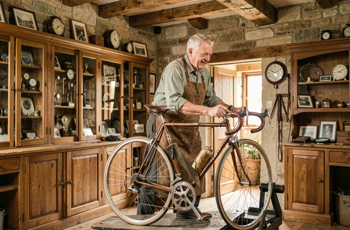Mécanicien expérimenté de Cycles Conord réparant un vélo vintage dans un atelier artisanal traditionnel