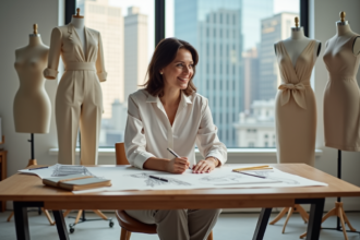 Créatrice de mode dessinant dans son studio moderne