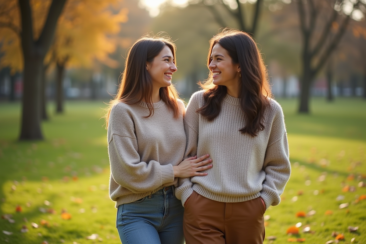 Deux femmes discutant dans un parc ensoleille