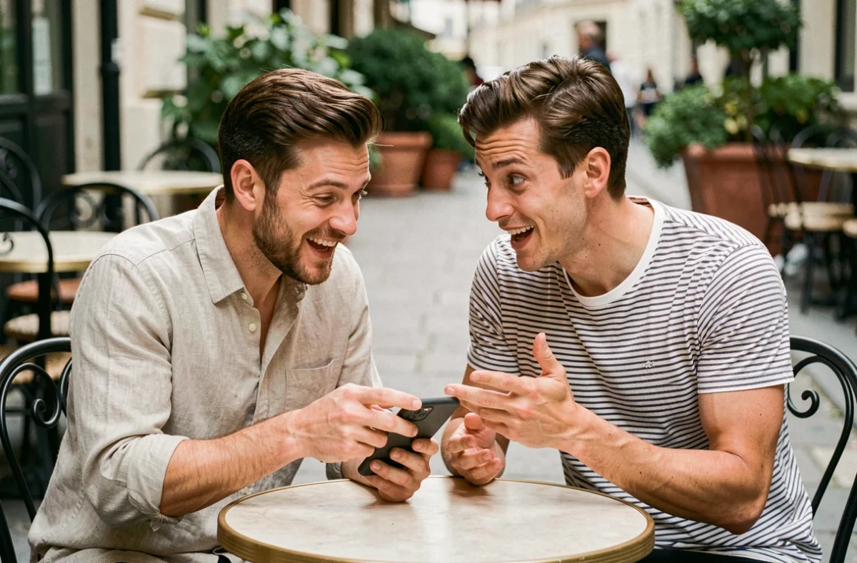 Deux hommes en discussion animée en terrasse de café, illustrant les nuances d'intonation et d'accent dans la communication interculturelle