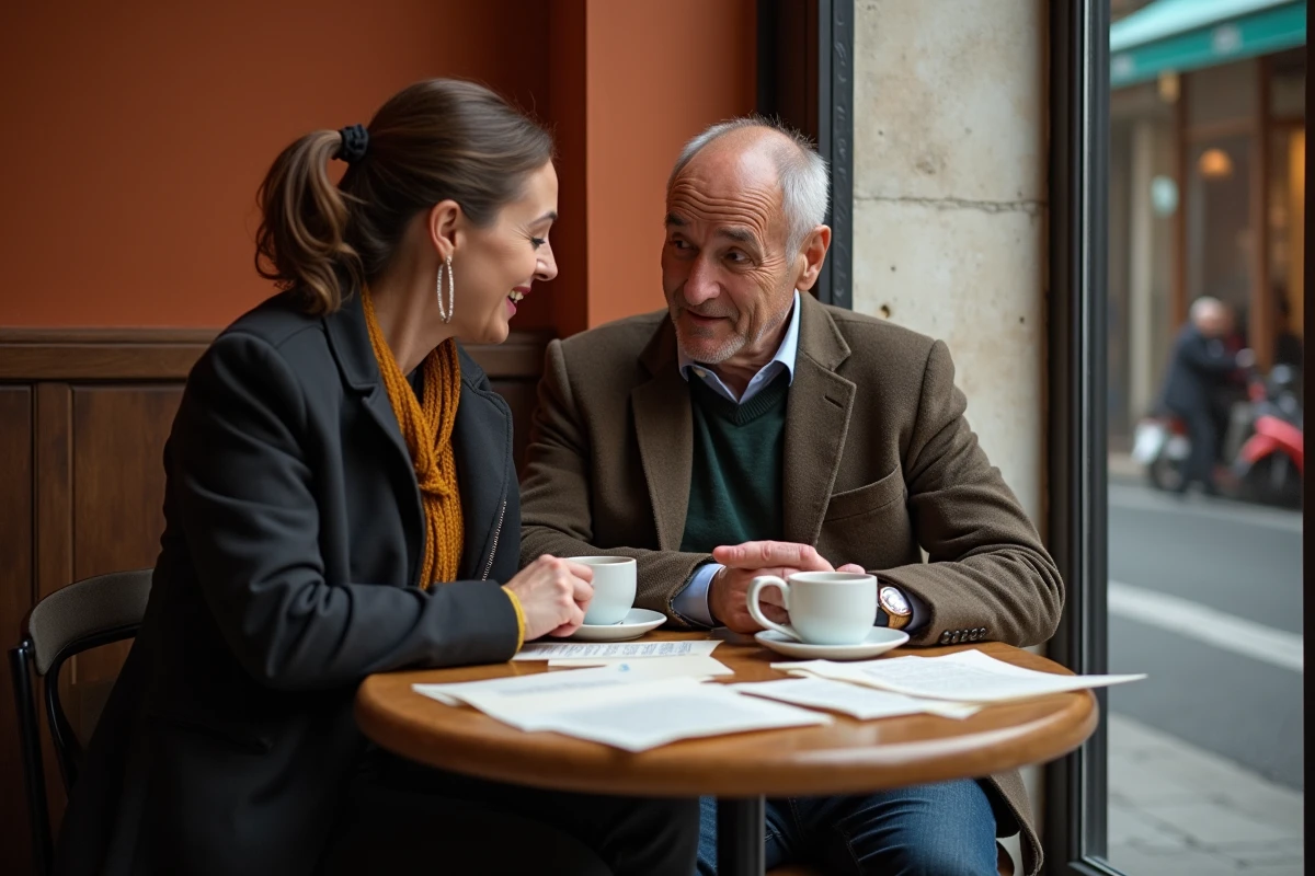 Couple discutant de la biographie et de la vie de Juliette Plumecocq-Mech autour d'articles imprimés dans un café parisien