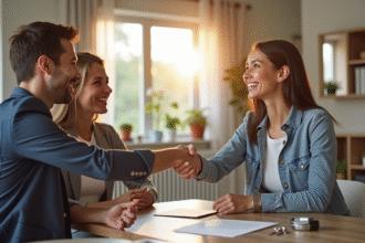 Poignée de main entre un couple confiant et un agent immobilier dans un salon lumineux