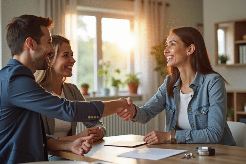 Poignée de main entre un couple confiant et un agent immobilier dans un salon lumineux