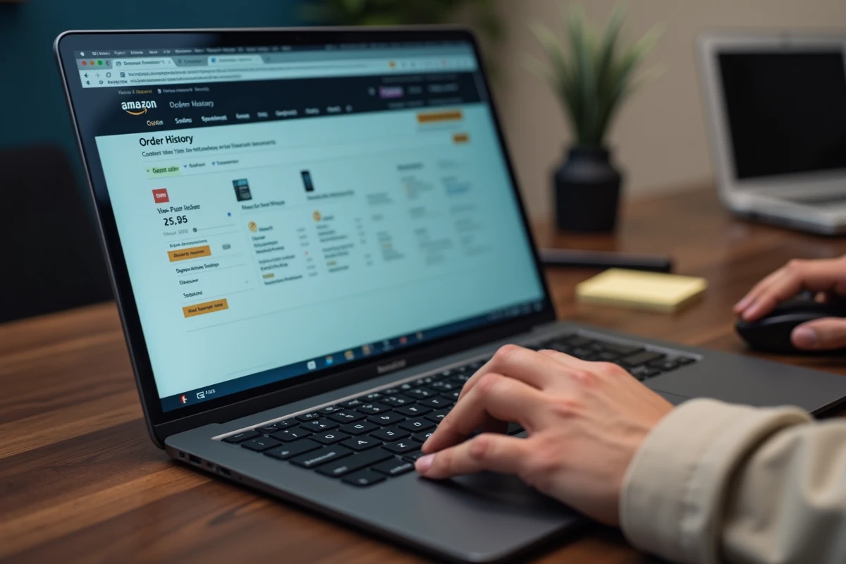 Gros plan sur un écran d'ordinateur affichant l'historique de commandes Amazon avec une main utilisant une souris