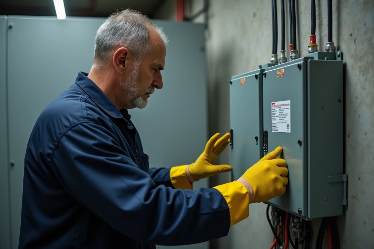 Électricien inspectant la plaque technique d'un transformateur silencieux 380V 220V dans un atelier industriel