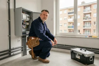 Électricien professionnel travaillant sur un tableau électrique dans un immeuble résidentiel à Colombes