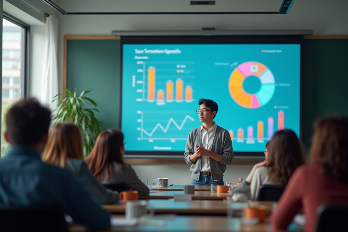 Etudiant confiant présentant des infographies colorées