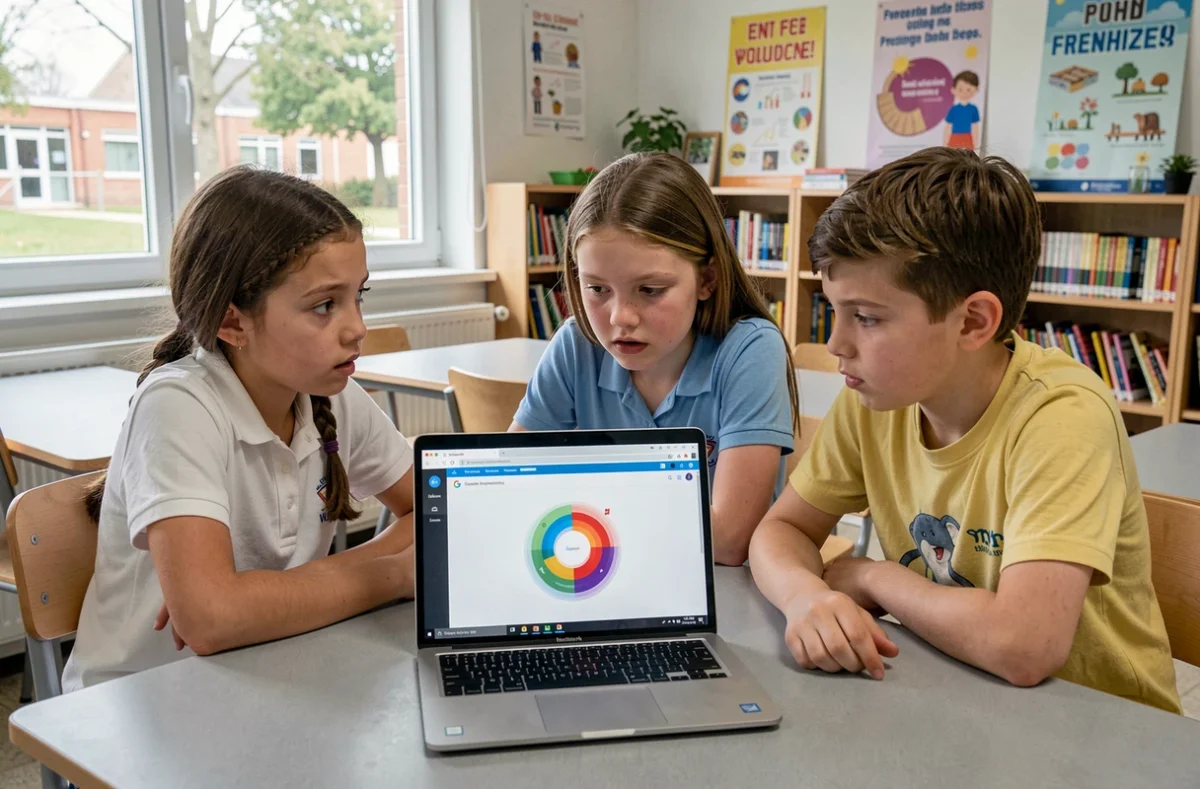 Groupe d'élèves de collège concentrés autour d'un ordinateur portable affichant la toupie Google pendant un exercice en classe