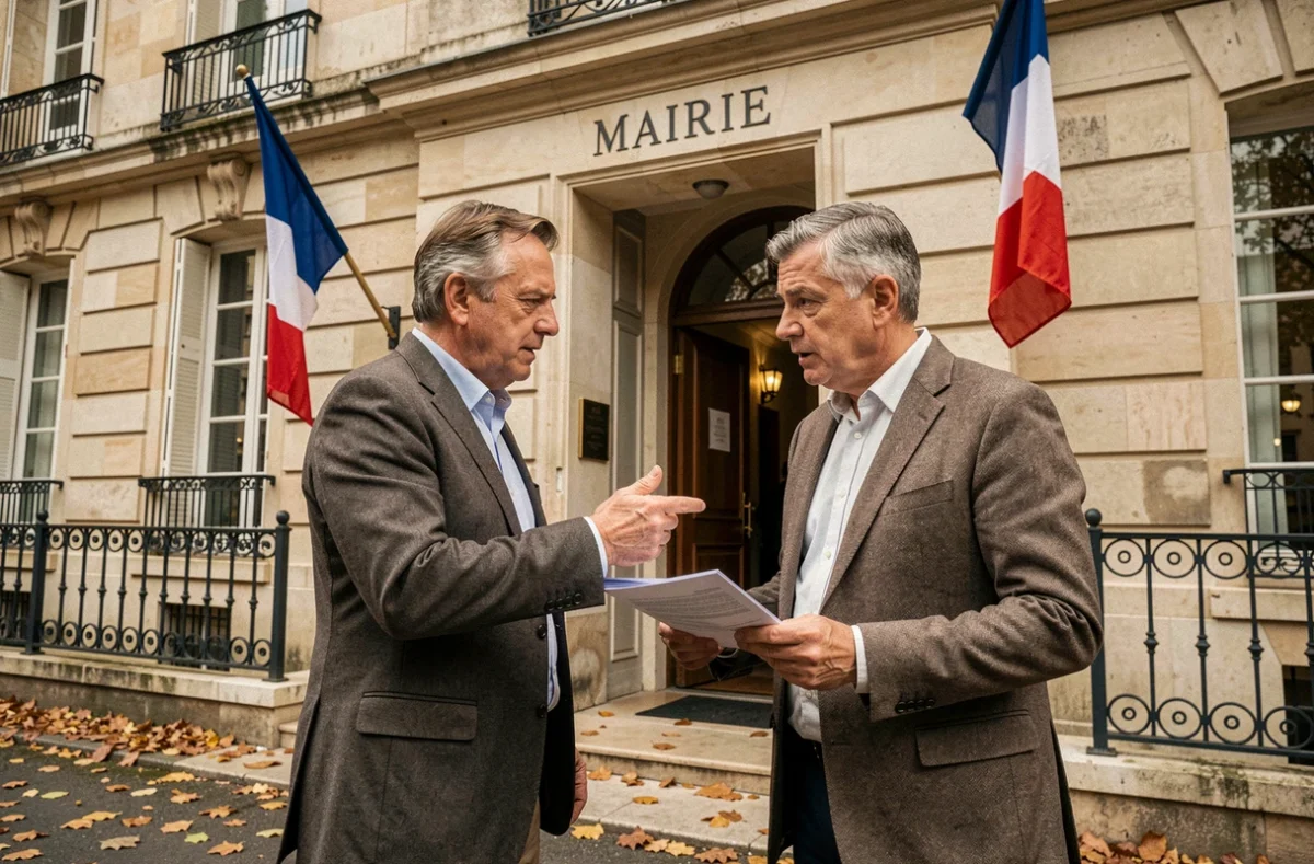 Deux élus municipaux discutant devant la façade d'une mairie française avec un document sur les indemnités