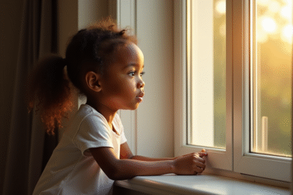 Jeune fille afroamericain pensant près d'une fenêtre ensoleillée