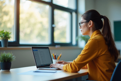 Enseignant travaillant à un bureau lumineux avec un ordinateur portable