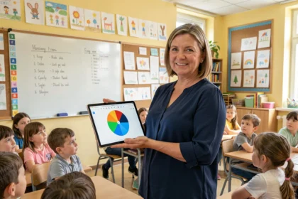 Enseignante utilisant la toupie Google sur tablette devant sa classe pour animer un cours interactif
