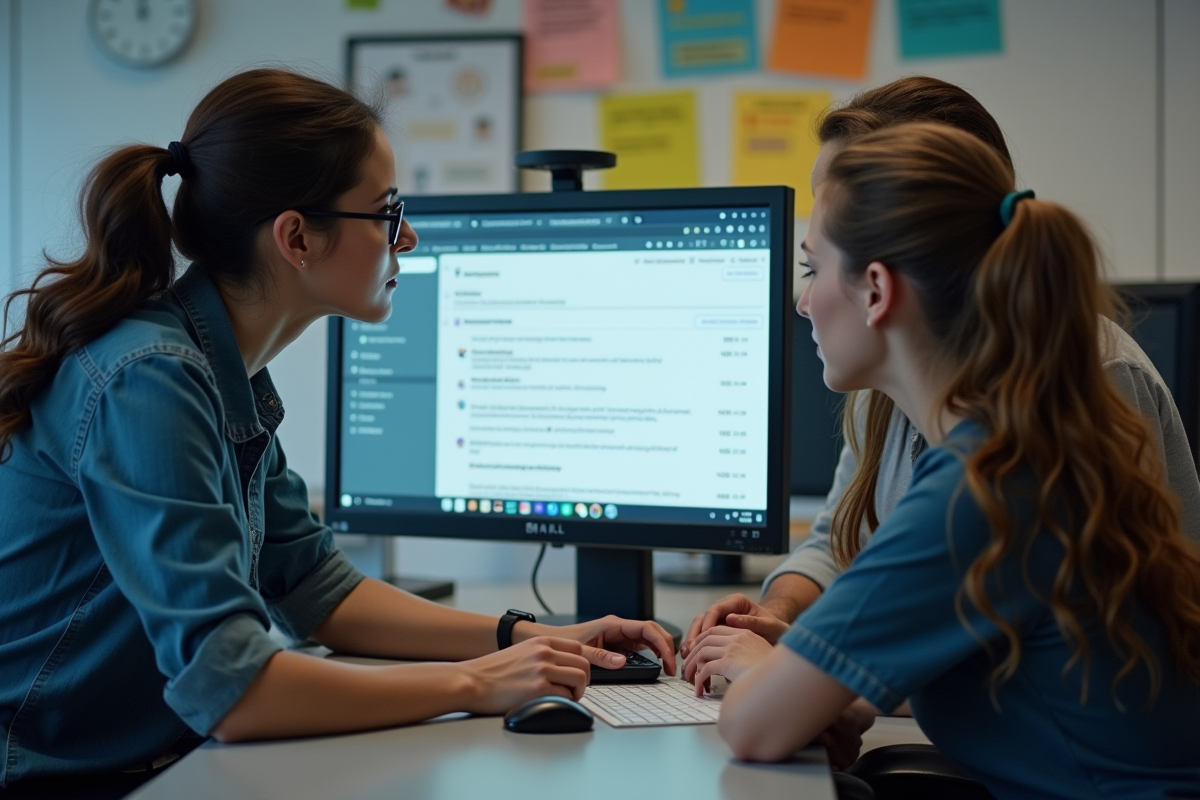 Plusieurs enseignants collaborant devant un grand écran d