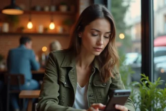 Femme envoyant un SMS anonyme depuis son smartphone dans un café, expression discrète et concentrée