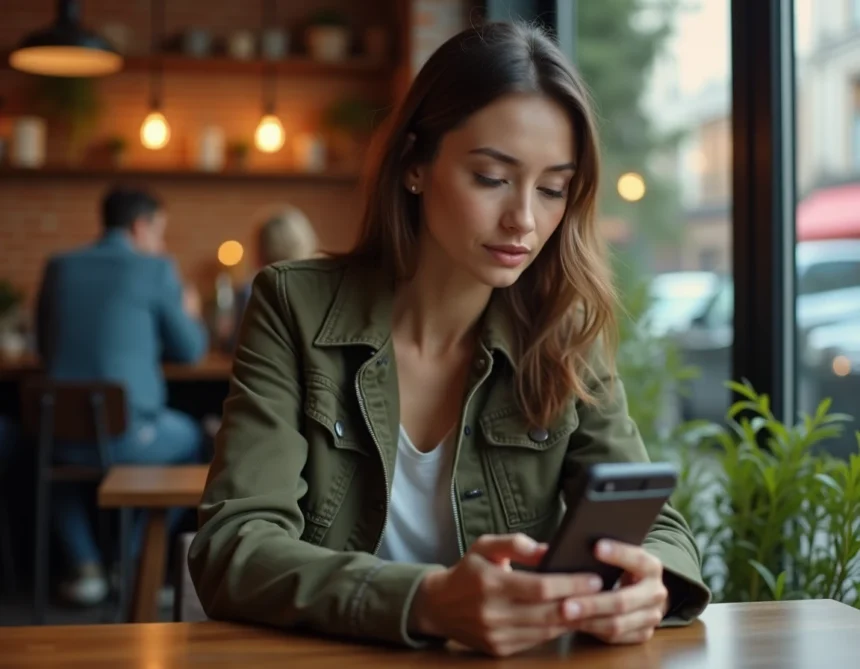 Femme envoyant un SMS anonyme depuis son smartphone dans un café, expression discrète et concentrée