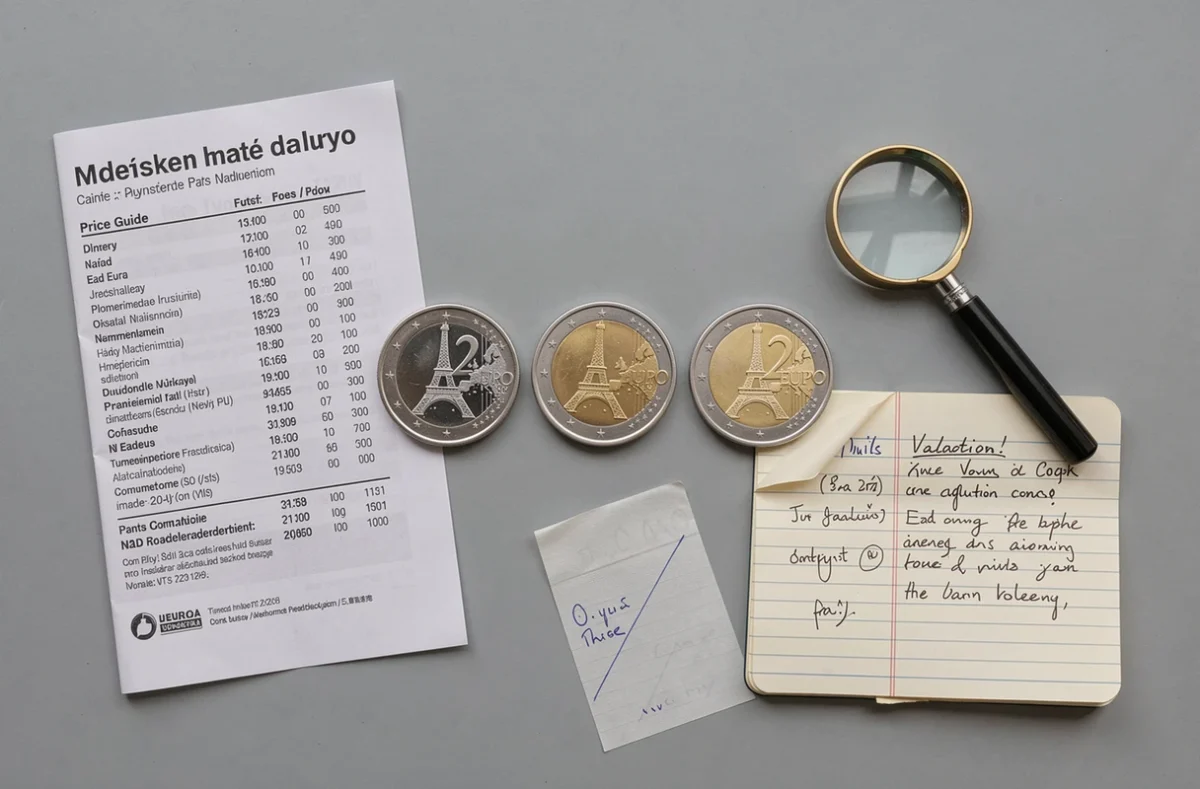 Flat-lay de pièces 2 euros JO 2026 Tour Eiffel avec guide de prix et notes d'estimation sur ardoise grise