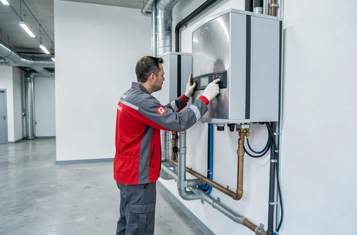 Technicien des Établissements Loof effectuant la maintenance d'un système de chauffage et climatisation à Monéteau