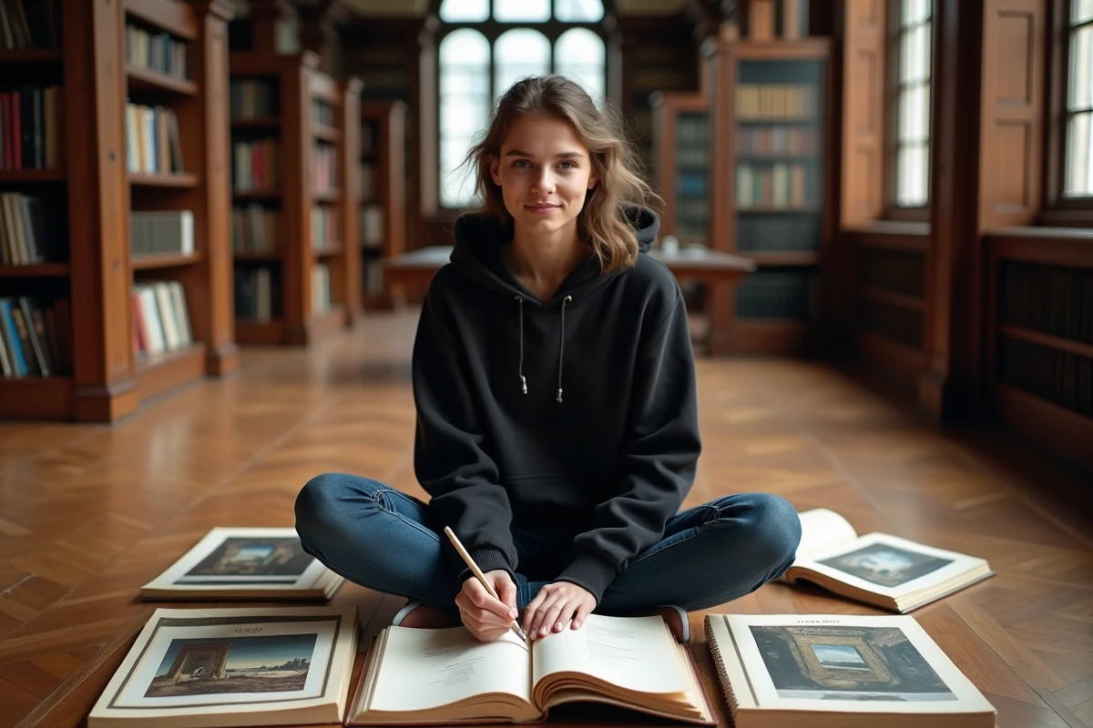 Étudiante en art s'inspirant de reproductions de chefs-d'œuvre classiques pour ses croquis contemporains dans une bibliothèque universitaire