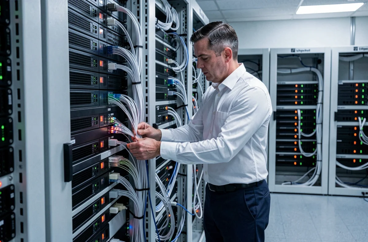 Technicien d'Europe Telecommunications installant des câbles fibre optique dans une salle serveur