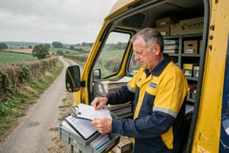 Facteur rural triant le courrier dans sa camionnette La Poste garée sur un chemin de campagne