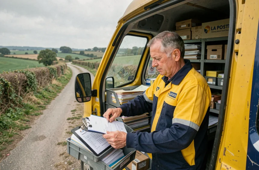 Facteur rural triant le courrier dans sa camionnette La Poste garée sur un chemin de campagne