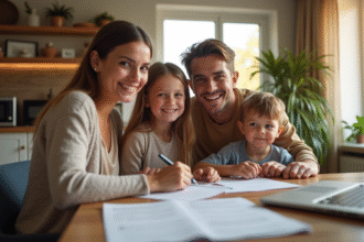 Famille souriante dans un appartement lumineux et chaleureux