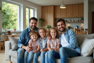Famille heureuse dans un salon lumineux d'une maison T5