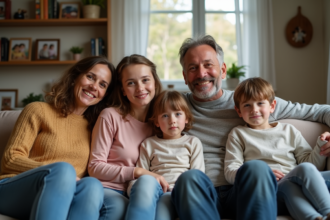 Famille de cinq dans un salon chaleureux et authentique