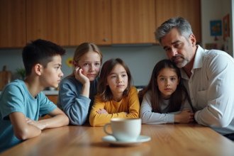 Famille multietnique réunie autour d'une table de cuisine moderne