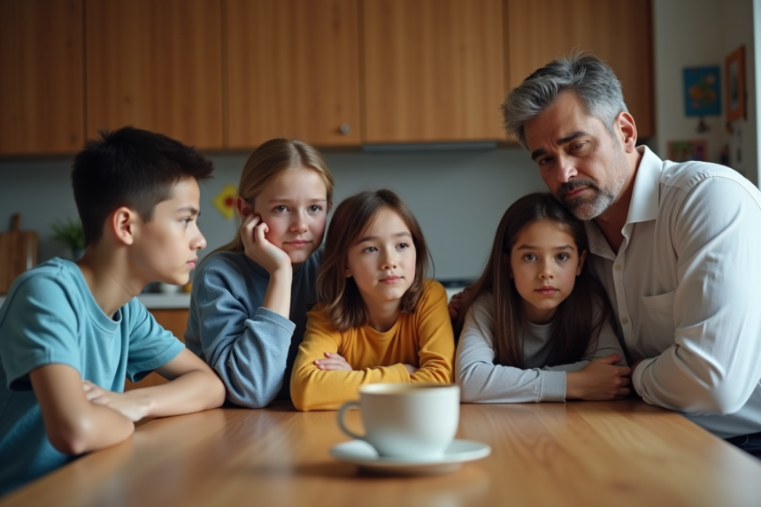 Famille multietnique réunie autour d'une table de cuisine moderne
