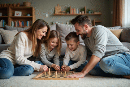 Famille jouant à un jeu de société dans un salon chaleureux