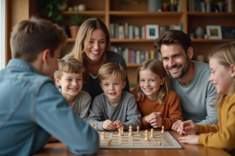 Famille recomposée jouant à un jeu de société dans le salon
