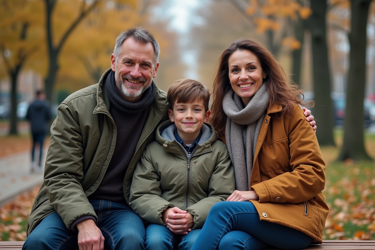 Famille dehors dans un parc en automne avec feuilles tombées