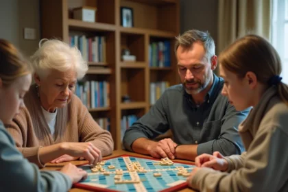 Famille jouant au Scrabble autour d'une table en bois, utilisant un outil d'anagramme pour trouver des mots