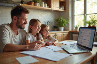 Famille souriante planifiant des vacances à la cuisine lumineuse